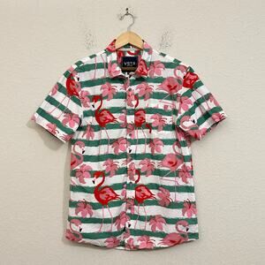 VSTR Shirt Pink Green Flamingo Floral Button Up SS Hawaiian Tropical